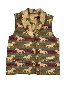 Vintage Horse Print Wool Blend Vest With Button Closure & Pockets